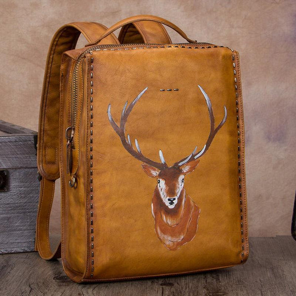 14" Handmade Ladies Leather Womens Backpack Paint Puppy Tooled Leather Rucksack SM8838616