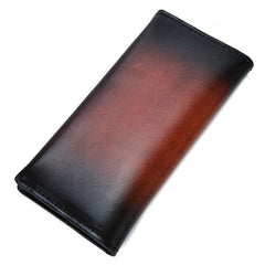 Handmade Mens Leather Brown Long Wallets Wine Red Bifold Long Wallet Clutch for Men