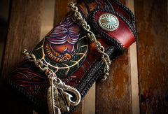 Handmade leather biker trucker wallet leather chain men Snake Brown Carved Tooled wallet