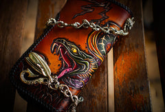 Handmade leather biker trucker wallet leather chain men Snake Brown Carved Tooled wallet