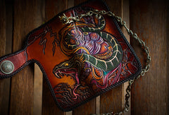 Handmade leather biker trucker wallet leather chain men Snake Brown Carved Tooled wallet
