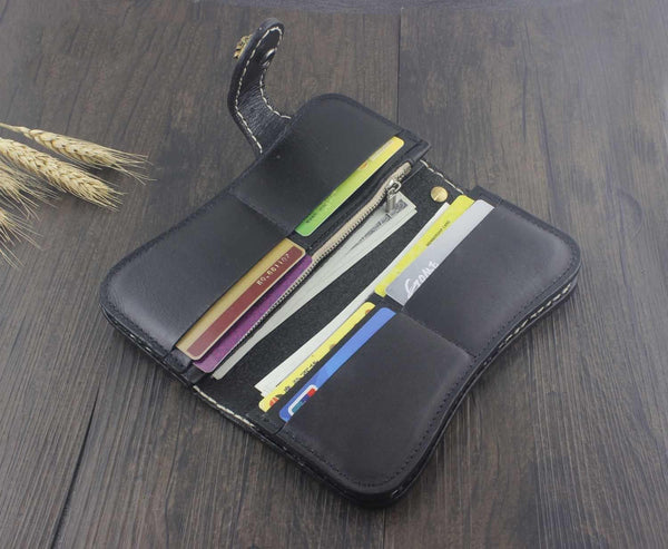 Handmade Tooled Leather Men's Biker Wallet Motorcycle Wallet Long Wallet with Ch WG02281045