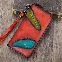 Green Tooled Womens Leather Clutch Wallet Zipper Wristlet Wallet Feather Bifold Long Purse for Ladies