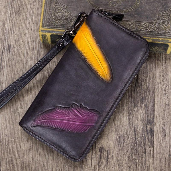 Gray Tooled Womens Leather Clutch Wallet Zipper Wristlet Wallet Feather Bifold Long Purse for Ladies