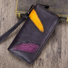 Tooled Womens Leather Clutch Wallet Zipper Wristlet Wallet Feather Bifold Long Purse for Ladies