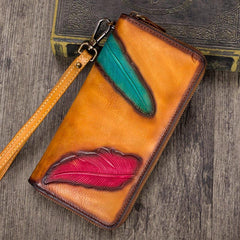 Tooled Womens Leather Clutch Wallet Zipper Wristlet Wallet Feather Bifold Long Purse for Ladies