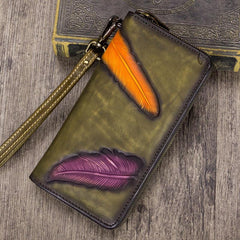 Tooled Womens Leather Clutch Wallet Zipper Wristlet Wallet Feather Bifold Long Purse for Ladies