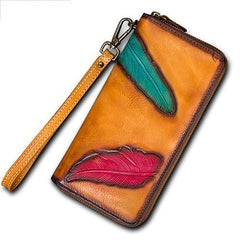 Green Tooled Womens Leather Clutch Wallet Zipper Wristlet Wallet Feather Bifold Long Purse for Ladies