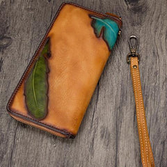 Tooled Womens Leather Clutch Wallet Zipper Wristlet Wallet Feather Bifold Long Purse for Ladies