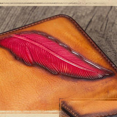 Tooled Womens Leather Clutch Wallet Zipper Wristlet Wallet Feather Bifold Long Purse for Ladies