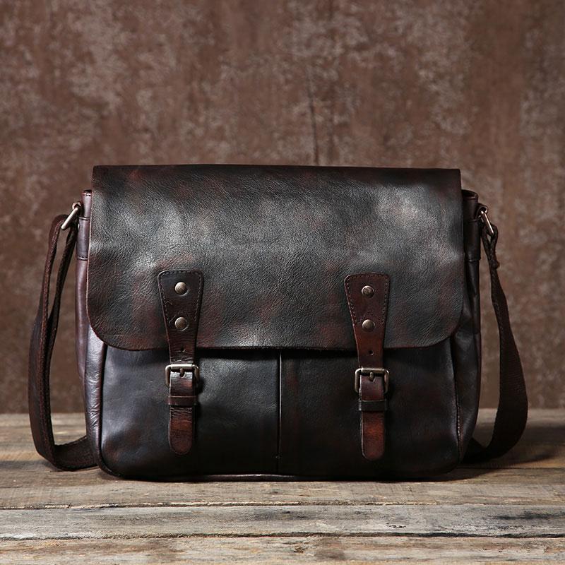 Handmade Vintage Leather Mens Cool Shoulder Bag Messenger Bags Cycling Bag for men