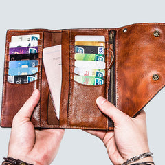 Handmade biker chain wallet leather chain wallet men Brown long wallet