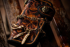 Handmade Skull leather biker trucker wallet leather chain men Brown Black Carved Tooled wallet
