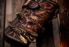 Handmade Skull leather biker trucker wallet leather chain men Brown Black Carved Tooled wallet