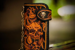 Handmade Skull leather biker trucker wallet leather chain men Brown Black Carved Tooled wallet