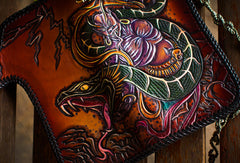 Handmade leather biker trucker wallet leather chain men Snake Brown Carved Tooled wallet