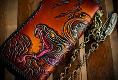 Handmade leather biker trucker wallet leather chain men Snake Brown Carved Tooled wallet