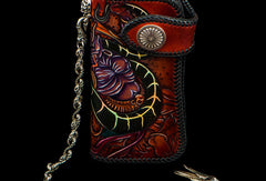 Handmade leather biker trucker wallet leather chain men Snake Brown Carved Tooled wallet