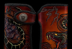 Handmade leather biker trucker wallet leather chain men Snake Brown Carved Tooled wallet