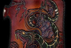 Handmade leather biker trucker wallet leather chain men Snake Brown Carved Tooled wallet