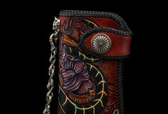 Handmade leather biker trucker wallet leather chain men Snake Brown Carved Tooled wallet