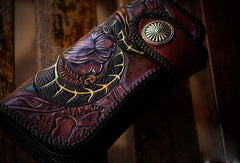 Handmade leather biker trucker wallet leather chain men Snake Brown Carved Tooled wallet