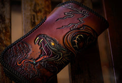 Handmade leather biker trucker wallet leather chain men Snake Brown Carved Tooled wallet