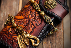 Handmade leather biker trucker wallet leather chain men Geneisha Brown Carved Tooled wallet