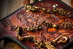 Handmade leather biker trucker wallet leather chain men Geneisha Brown Carved Tooled wallet