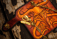 Handmade leather biker trucker wallet leather chain men devil Black Carved Tooled wallet - EverHandmade