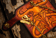 Handmade leather biker trucker wallet leather chain men devil Black Carved Tooled wallet