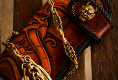 Handmade leather biker trucker wallet leather chain men devil Black Carved Tooled wallet - EverHandmade