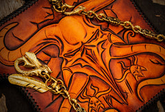 Handmade leather biker trucker wallet leather chain men devil Black Carved Tooled wallet - EverHandmade