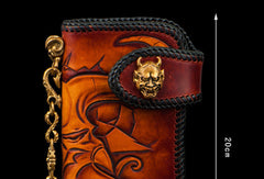 Handmade leather biker trucker wallet leather chain men devil Black Carved Tooled wallet - EverHandmade