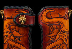Handmade leather biker trucker wallet leather chain men devil Black Carved Tooled wallet - EverHandmade