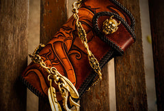 Handmade leather biker trucker wallet leather chain men devil Black Carved Tooled wallet - EverHandmade