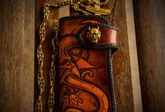 Handmade leather biker trucker wallet leather chain men devil Black Carved Tooled wallet - EverHandmade