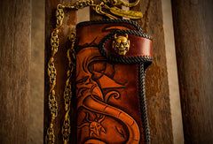Handmade leather biker trucker wallet leather chain men devil Black Carved Tooled wallet