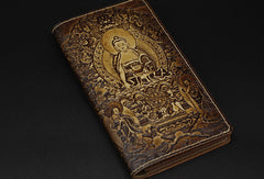 Handmade leather wallet Sakyamuni carved leather custom long wallet for men - EverHandmade