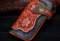 Handmade leather Long black floral biker trucker flowers wallet leather chain men Black Tooled wallet