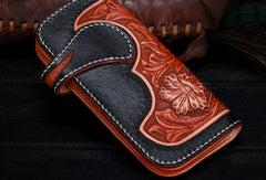 Handmade leather Long black floral biker trucker flowers wallet leather chain men Black Tooled wallet
