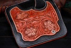 Handmade leather Long black floral biker trucker flowers wallet leather chain men Black Tooled wallet
