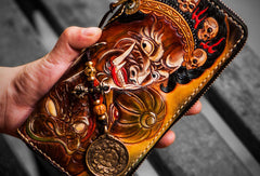 Handmade leather God Mahakala clutch zip long wallet black leather men Tooled