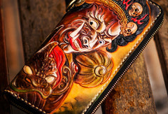 Handmade leather God Mahakala clutch zip long wallet black leather men Tooled