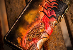 Handmade leather God Mahakala clutch zip long wallet black leather men Tooled