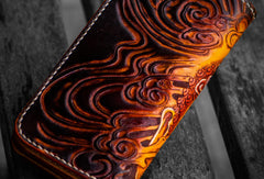 Handmade leather long tooled wallet Brown Buddha devil men clutch wallet