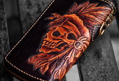 Handmade leather Indian Skull Chief biker wallet clutch zip long wallet brown leather men phone - EverHandmade
