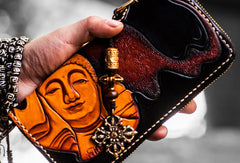 Handmade leather Buddha biker wallet clutch zip long wallet brown leather men phone