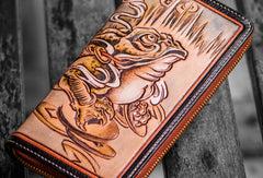 Handmade leather brown toad biker wallet clutch zip long wallet brown leather men Tooled
