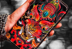Handmade leather Chinese Monster biker wallet clutch zip long wallet black leather men phone